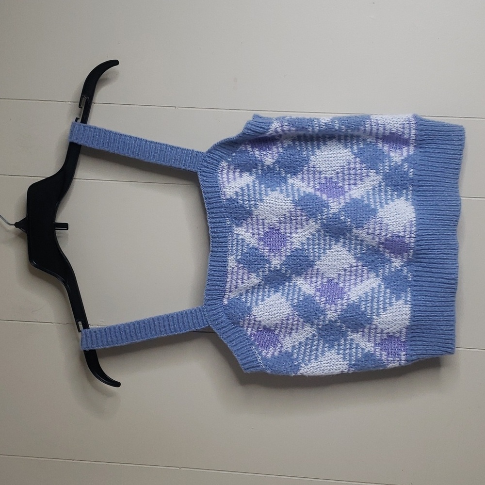 Argyle Sweater Knit Square Neck Sleeveless Sweater Large Blue Evolutionary - Picture 3 of 6